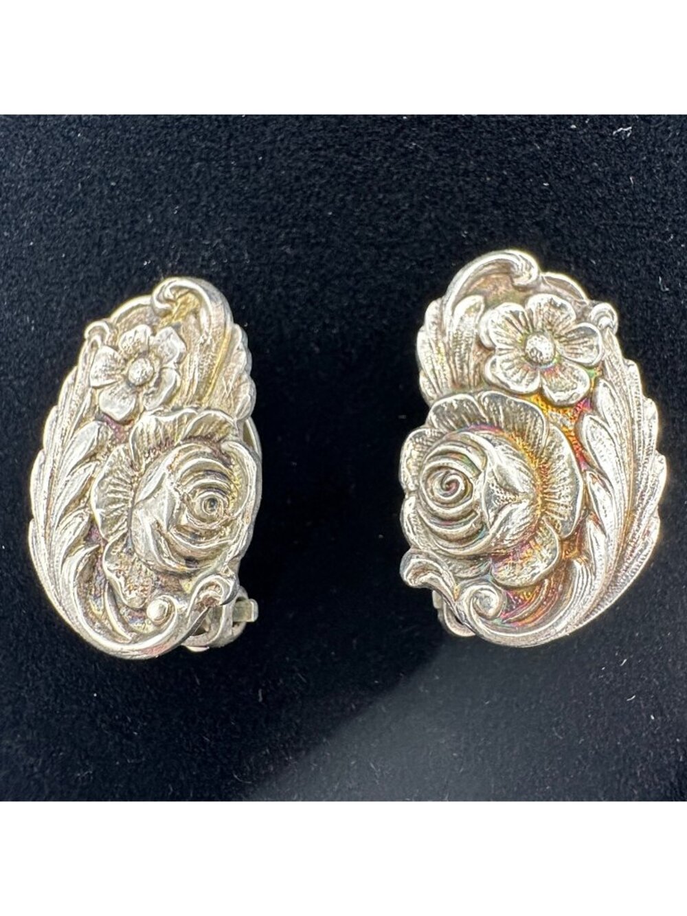 Vtg Sterling Silver Floral Clip On Earrings Intricate Rose and Flower Design